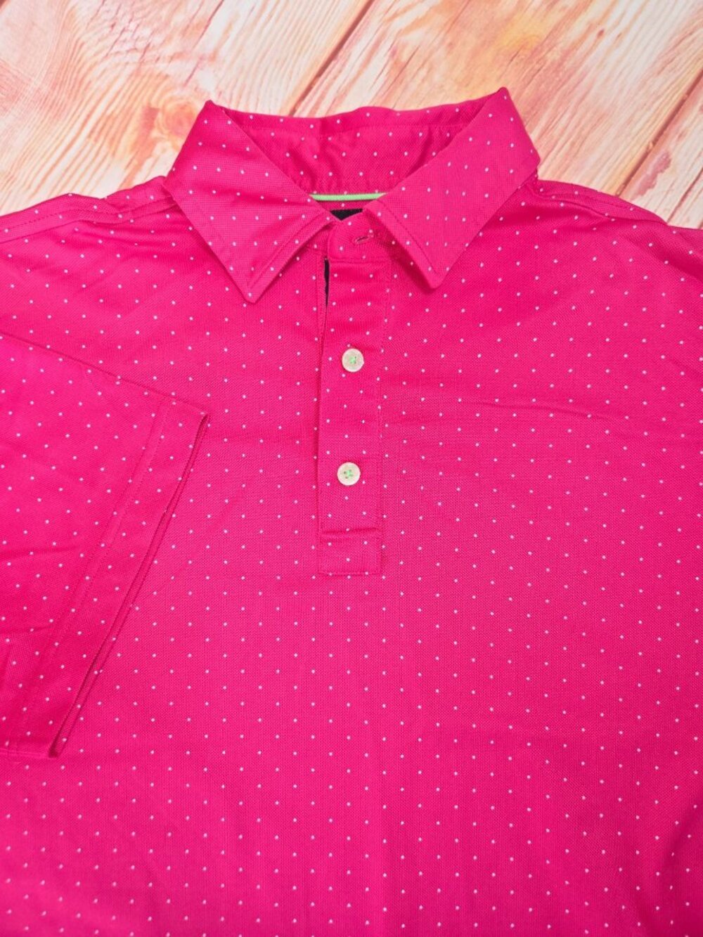 FootJoy Mens Pink Polo Golf Shirt Medium - White Dots ● Lightweight & Stylish